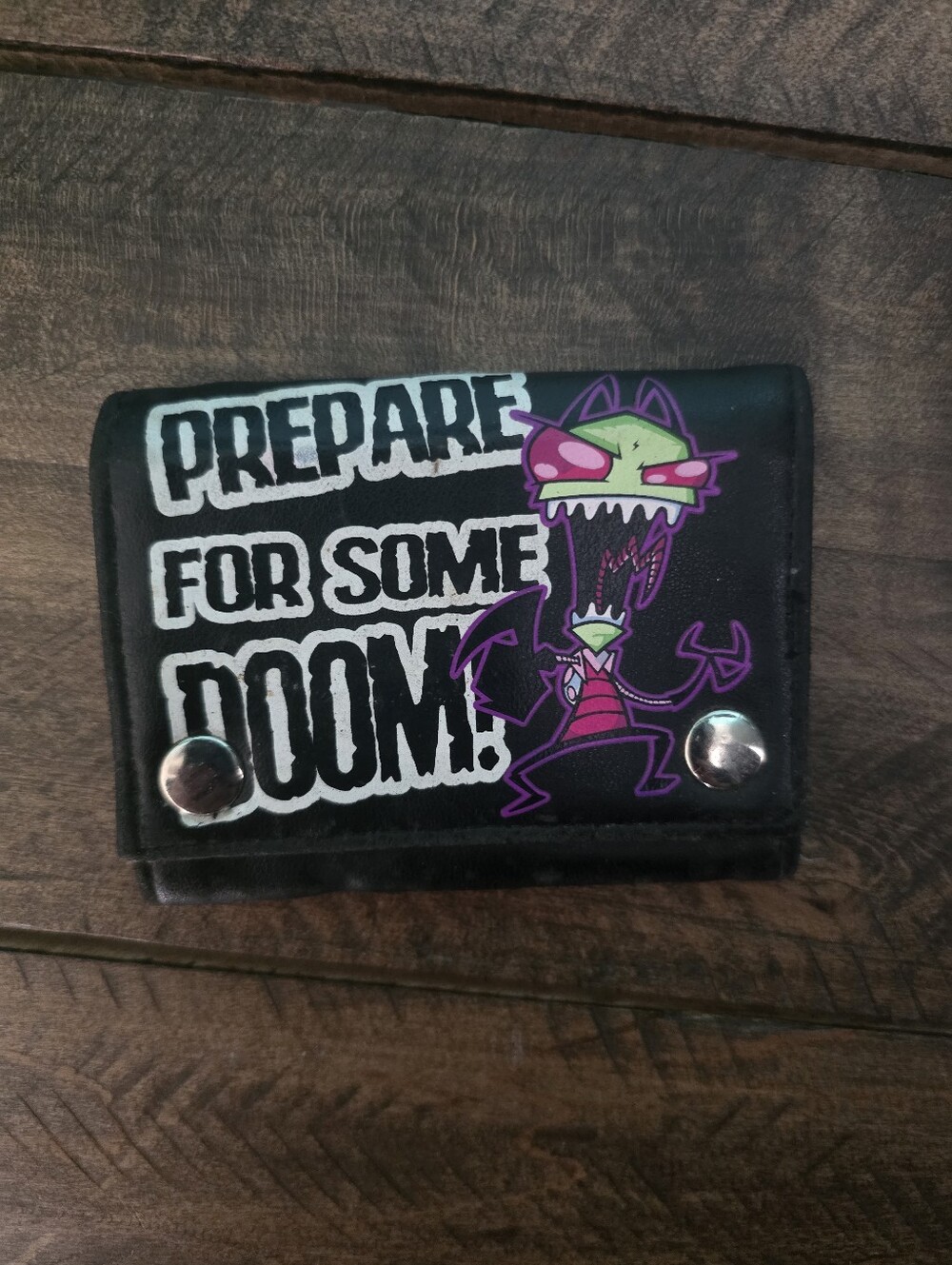 Invader Zim Hot Topic Black Graphic Snap Wallet. Purple & Green Cartoon Print